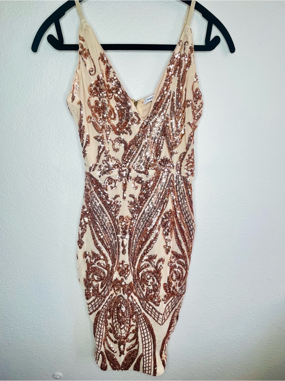Fashion Nova Nude Dress with Rose Gold Sequin Embellishment